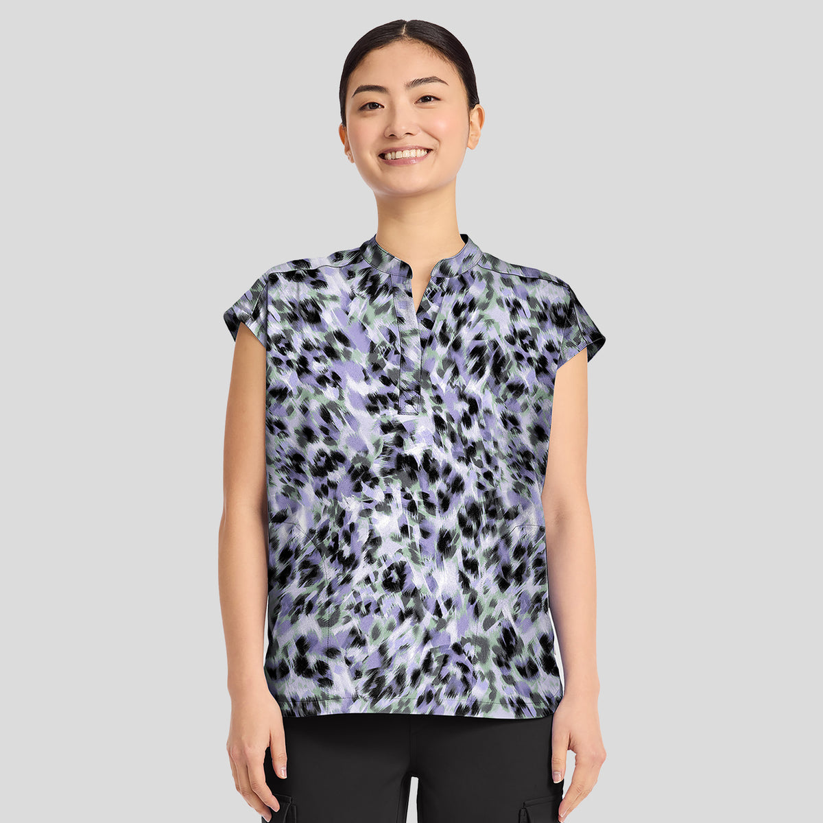 Journey Blurred Cheetah Print Scrub Top