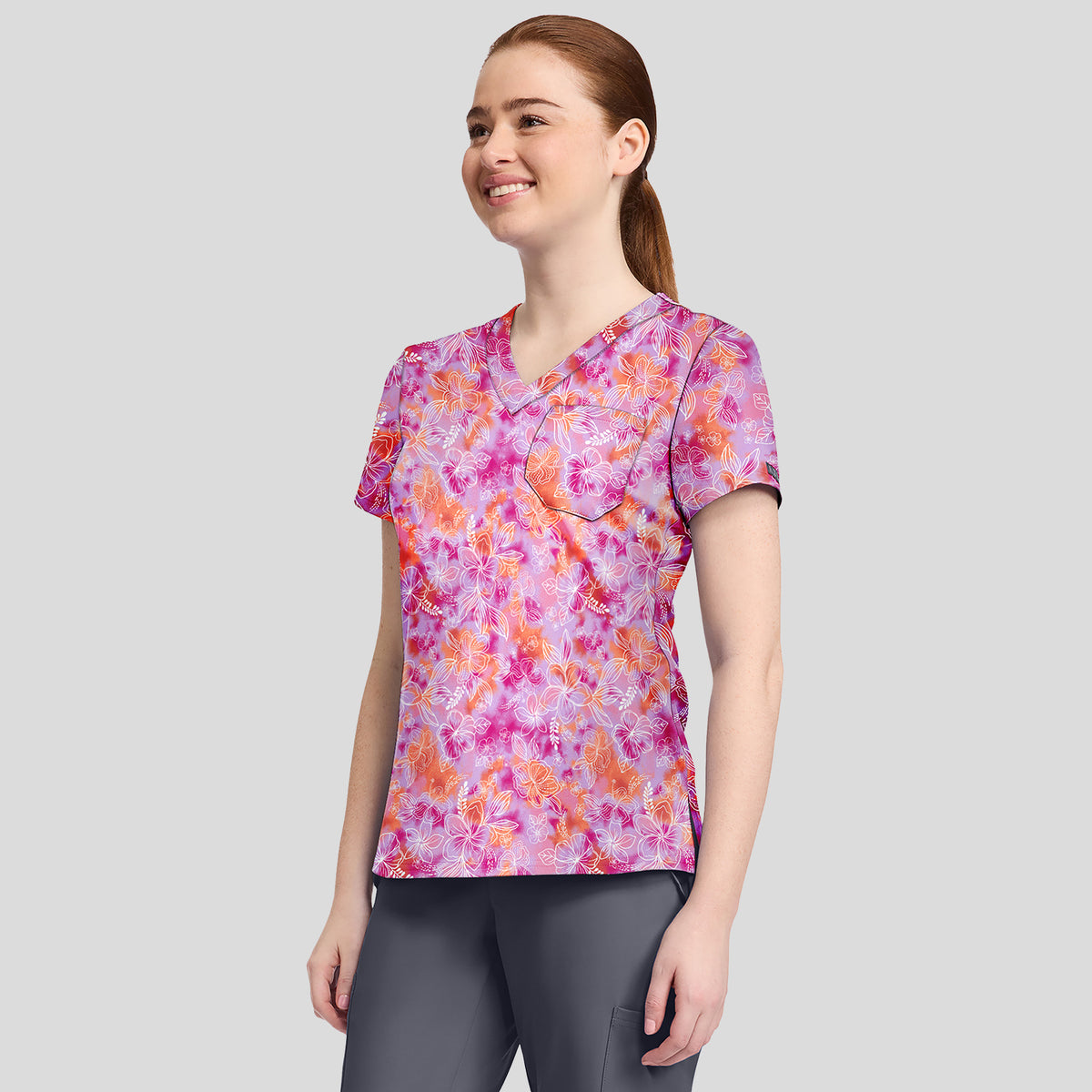 1-Pocket STRETCH V-Neck Print Scrub Top | Hello Hibiscus