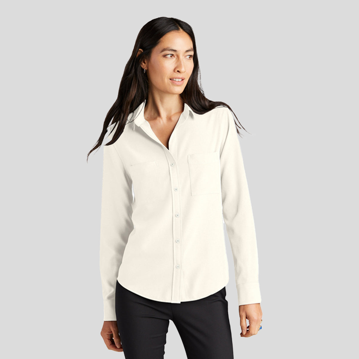 Women's Stretch Crepe Long Sleeve Camp Blouse | Ivory Chiffon