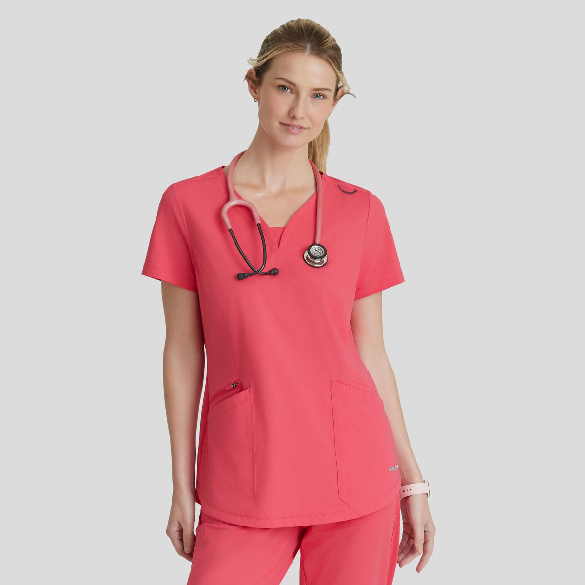 Serene 3-Pocket V-Neck Top | Punch Pink
